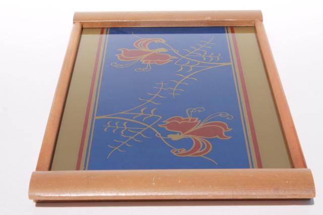 photo of art deco vintage mod blond wood tray w/ painted glass, cobalt blue, red & gold floral #3