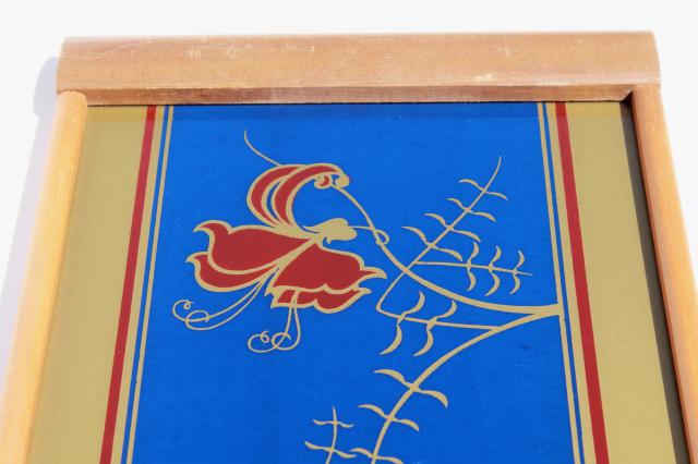 photo of art deco vintage mod blond wood tray w/ painted glass, cobalt blue, red & gold floral #8