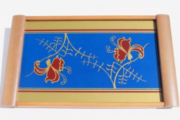 catalog photo of art deco vintage mod blond wood tray w/ painted glass, cobalt blue, red & gold floral