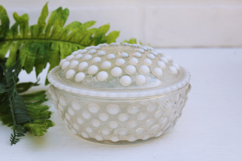 photo of art deco vintage moonstone opalescent hobnail glass powder puff or trinket box #1