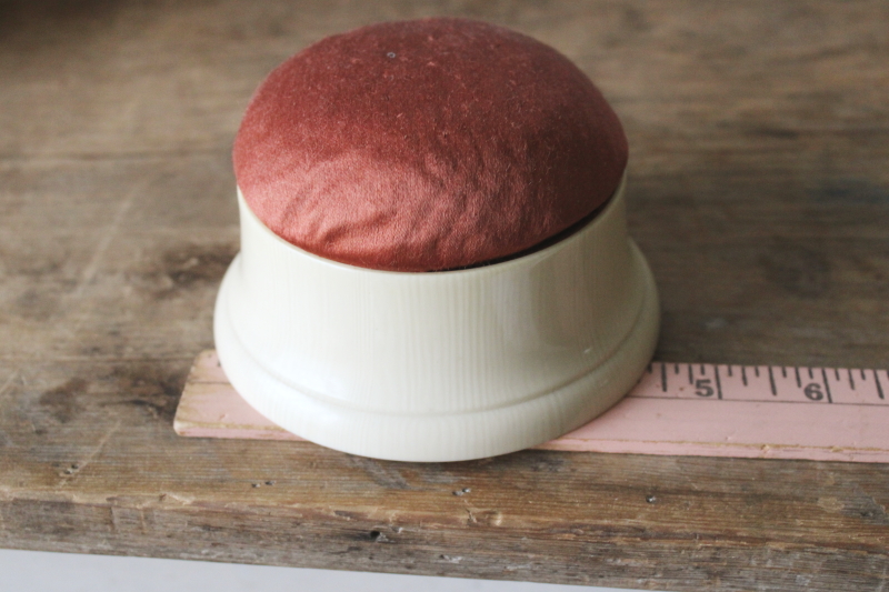 photo of art deco vintage pincushion trinket box, satin pin cushion box french ivory celluloid #5
