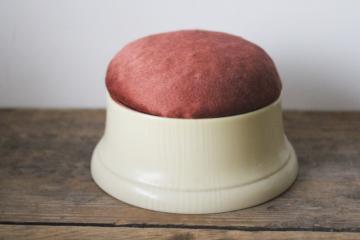 catalog photo of art deco vintage pincushion trinket box, satin pin cushion box french ivory celluloid 