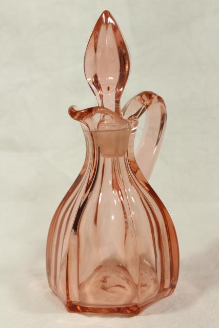 photo of art deco vintage pink depression glass cruet w/ stopper, pontil mark bottle #1