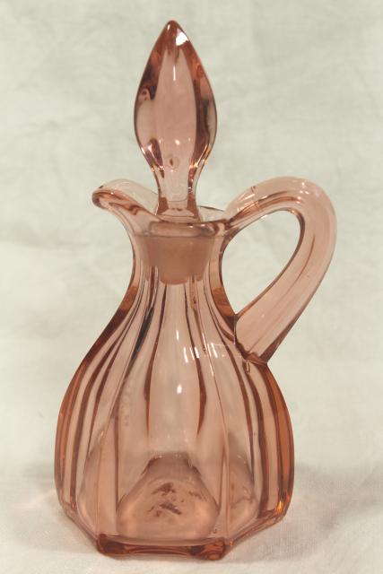 photo of art deco vintage pink depression glass cruet w/ stopper, pontil mark bottle #2