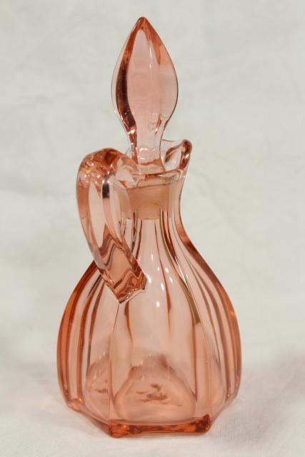 photo of art deco vintage pink depression glass cruet w/ stopper, pontil mark bottle #3