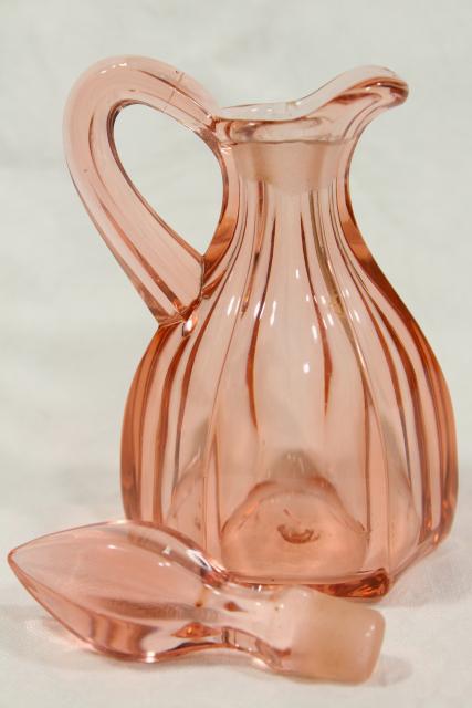 photo of art deco vintage pink depression glass cruet w/ stopper, pontil mark bottle #4