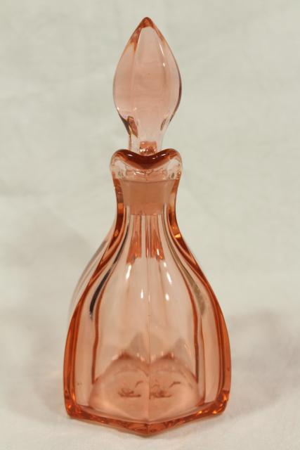 photo of art deco vintage pink depression glass cruet w/ stopper, pontil mark bottle #5