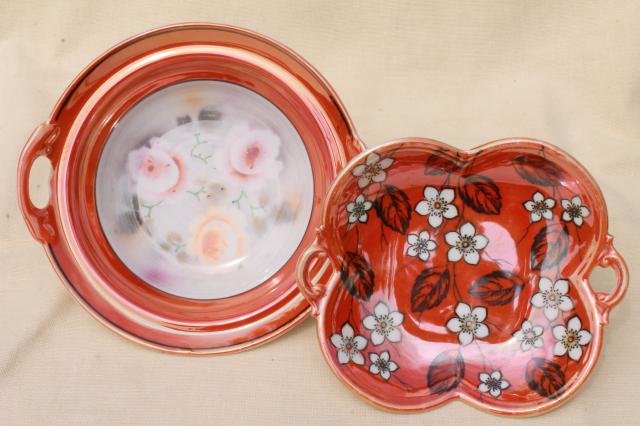 photo of art deco vintage porcelain bowls, stencil painted china w/ tangerine orange luster #1