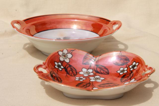 photo of art deco vintage porcelain bowls, stencil painted china w/ tangerine orange luster #3