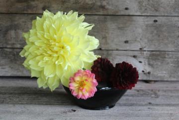 art deco vintage rose bowl w/ flower holder frog, black depression glass vase