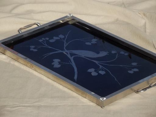 photo of art deco vintage serving tray, black mirror glass w/ painted silver bird #1