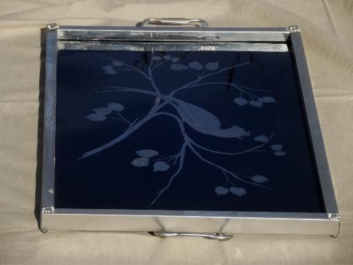 photo of art deco vintage serving tray, black mirror glass w/ painted silver bird #4