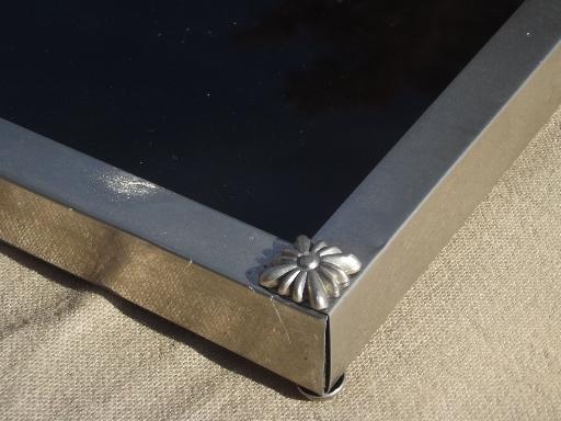 photo of art deco vintage serving tray, black mirror glass w/ painted silver bird #5