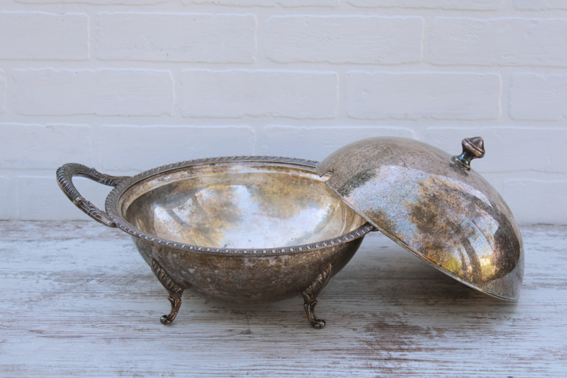 photo of art deco vintage silver plate serving dish stand w/ round dome cover, ball shape bowl w/ ornate feet #1