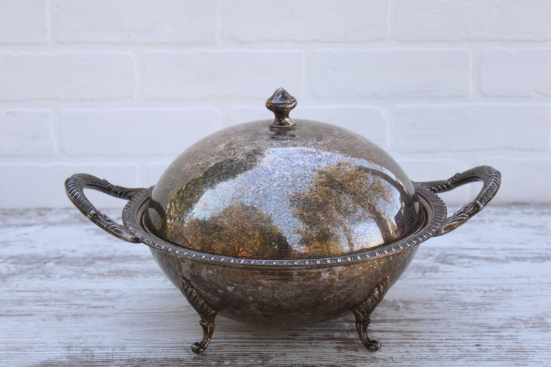 photo of art deco vintage silver plate serving dish stand w/ round dome cover, ball shape bowl w/ ornate feet #5