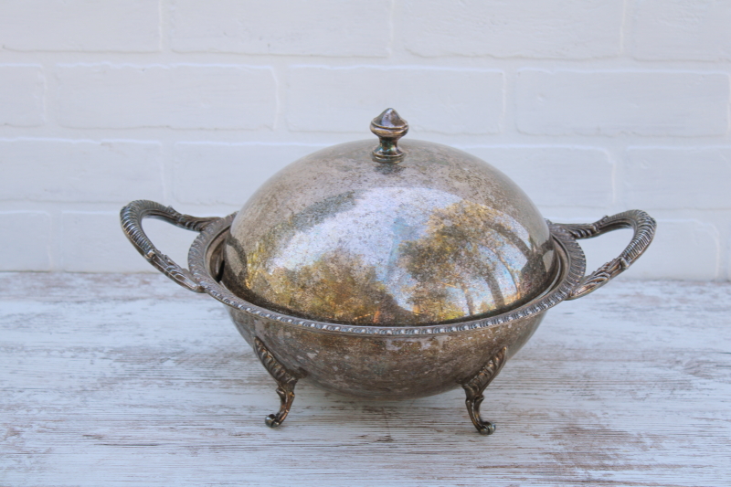 photo of art deco vintage silver plate serving dish stand w/ round dome cover, ball shape bowl w/ ornate feet #6