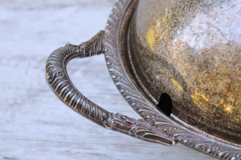 photo of art deco vintage silver plate serving dish stand w/ round dome cover, ball shape bowl w/ ornate feet #7