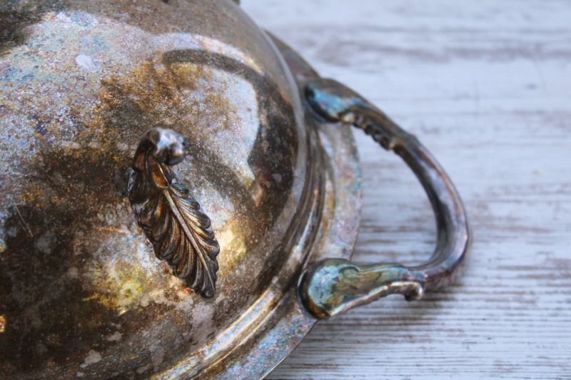 photo of art deco vintage silver plate serving dish stand w/ round dome cover, ball shape bowl w/ ornate feet #13