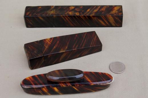 photo of art deco vintage tortoise shell celluloid plastic dresser set, complete antique vanity case #3