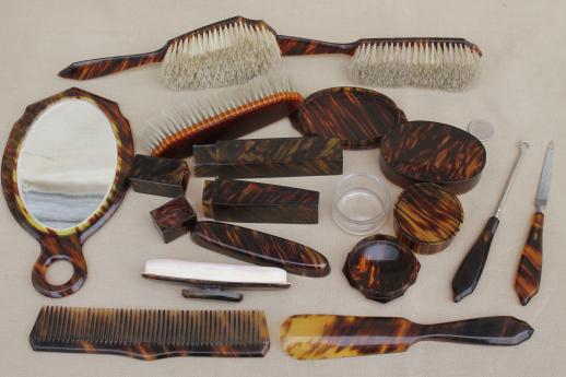 photo of art deco vintage tortoise shell celluloid plastic dresser set, complete antique vanity case #5