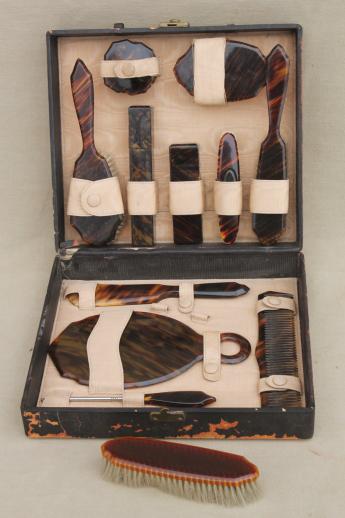 photo of art deco vintage tortoise shell celluloid plastic dresser set, complete antique vanity case #6