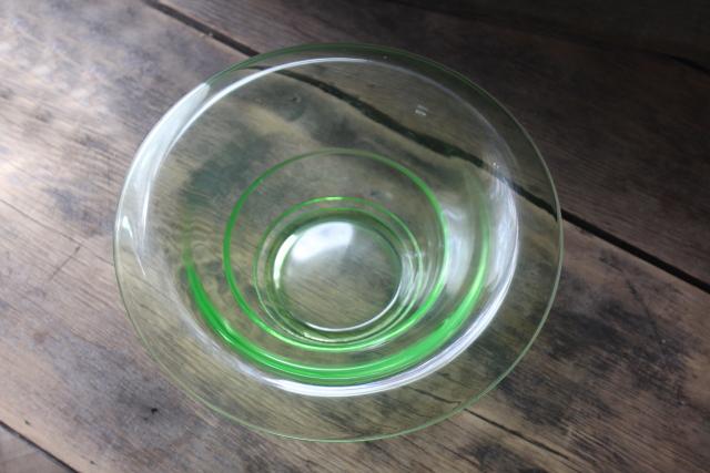 photo of art deco vintage uranium glass flower bowl, 1930s green depression glassware #2