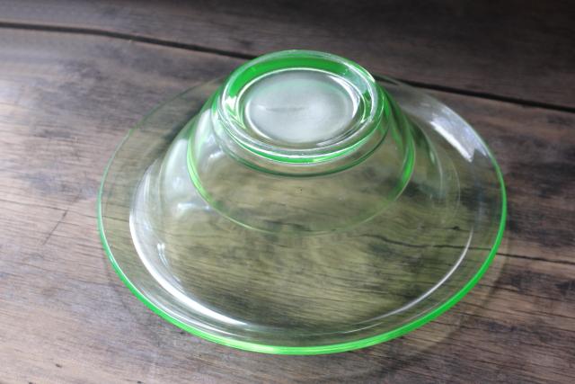 photo of art deco vintage uranium glass flower bowl, 1930s green depression glassware #4