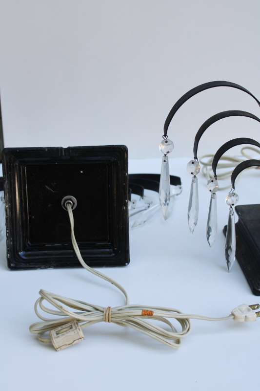 photo of art deco vintage waterfall lamps, mantel lamp pair black metal fans with glass prisms  #3