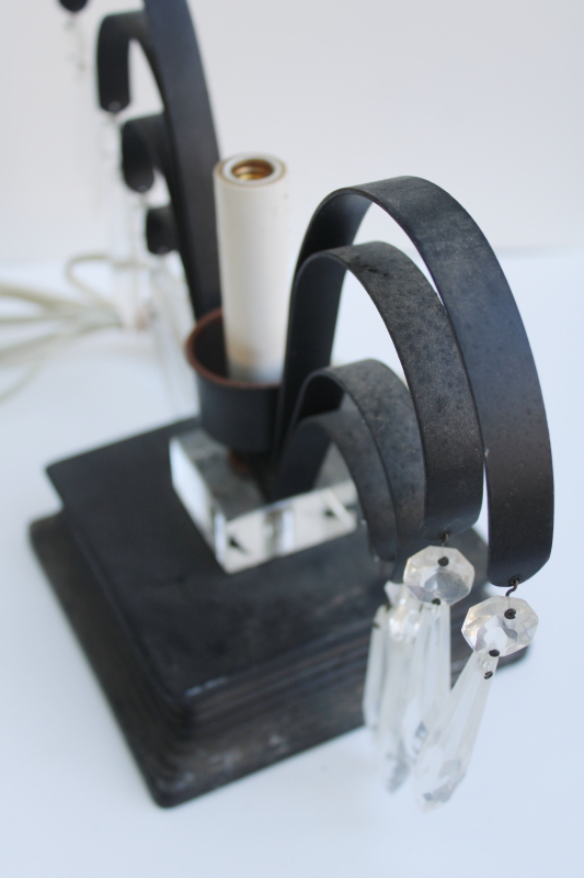 photo of art deco vintage waterfall lamps, mantel lamp pair black metal fans with glass prisms  #8