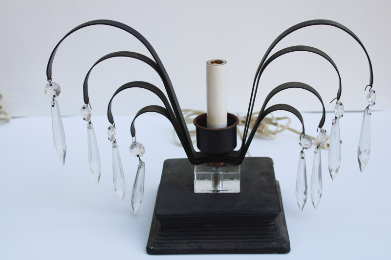 photo of art deco vintage waterfall lamps, mantel lamp pair black metal fans with glass prisms  #12