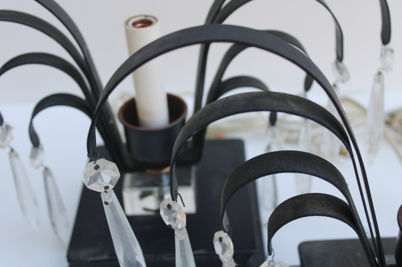 photo of art deco vintage waterfall lamps, mantel lamp pair black metal fans with glass prisms  #22