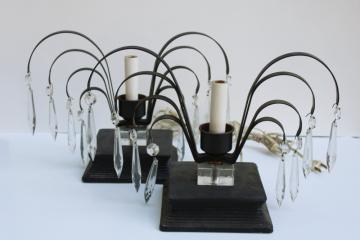 catalog photo of art deco vintage waterfall lamps, mantel lamp pair black metal fans with glass prisms 