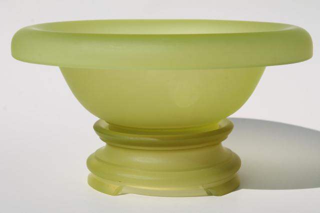 photo of art deco vintage yellow green vaseline glass bowl and stand, frosted finish satin glass #1