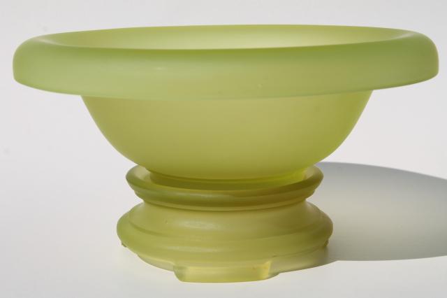 photo of art deco vintage yellow green vaseline glass bowl and stand, frosted finish satin glass #4