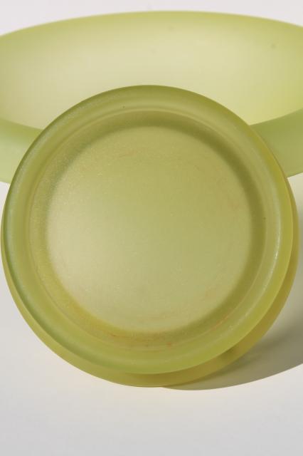 photo of art deco vintage yellow green vaseline glass bowl and stand, frosted finish satin glass #7