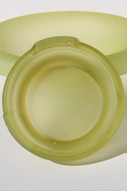 photo of art deco vintage yellow green vaseline glass bowl and stand, frosted finish satin glass #8