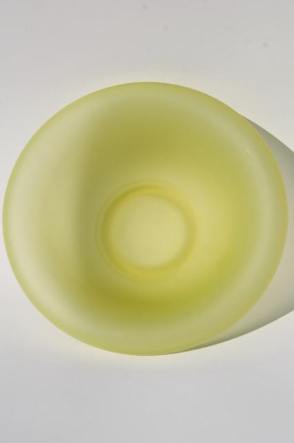 photo of art deco vintage yellow green vaseline glass bowl and stand, frosted finish satin glass #9