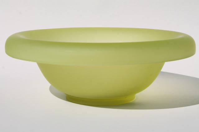 photo of art deco vintage yellow green vaseline glass bowl and stand, frosted finish satin glass #10