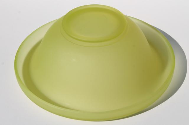 photo of art deco vintage yellow green vaseline glass bowl and stand, frosted finish satin glass #11