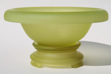 catalog photo of art deco vintage yellow green vaseline glass bowl and stand, frosted finish satin glass