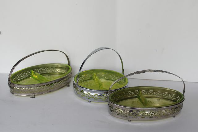 photo of art deco vintage yellow vaseline glass basket relish dishes, ornate metal frames & handles #1