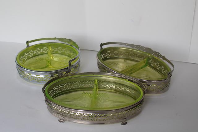 photo of art deco vintage yellow vaseline glass basket relish dishes, ornate metal frames & handles #2