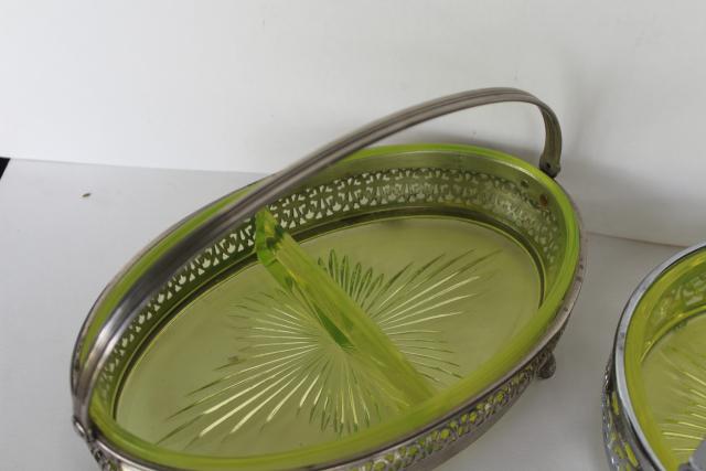 photo of art deco vintage yellow vaseline glass basket relish dishes, ornate metal frames & handles #4