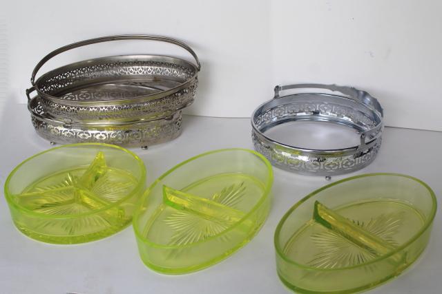 photo of art deco vintage yellow vaseline glass basket relish dishes, ornate metal frames & handles #7