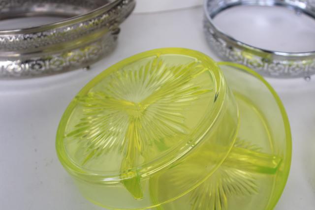 photo of art deco vintage yellow vaseline glass basket relish dishes, ornate metal frames & handles #8