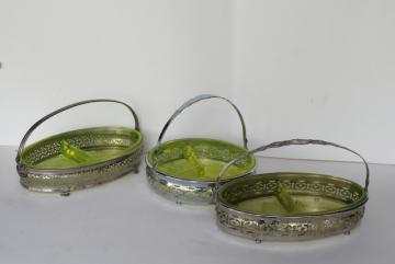 catalog photo of art deco vintage yellow vaseline glass basket relish dishes, ornate metal frames & handles