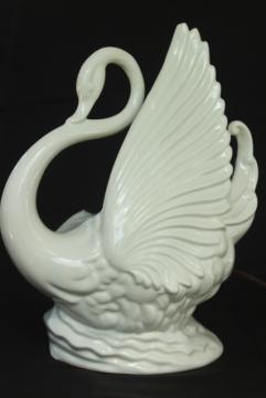 catalog photo of art deco white ceramic swan planter mood light, 1950s vintage pottery TV lamp