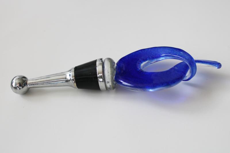 photo of art glass wine bottle stopper, cobalt blue w/ silver flake or aventurine spangles #3