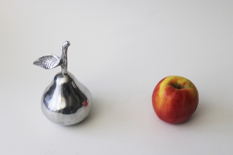 photo of art metal paperweight figurine, small pear fruit silver color polished aluminum #1