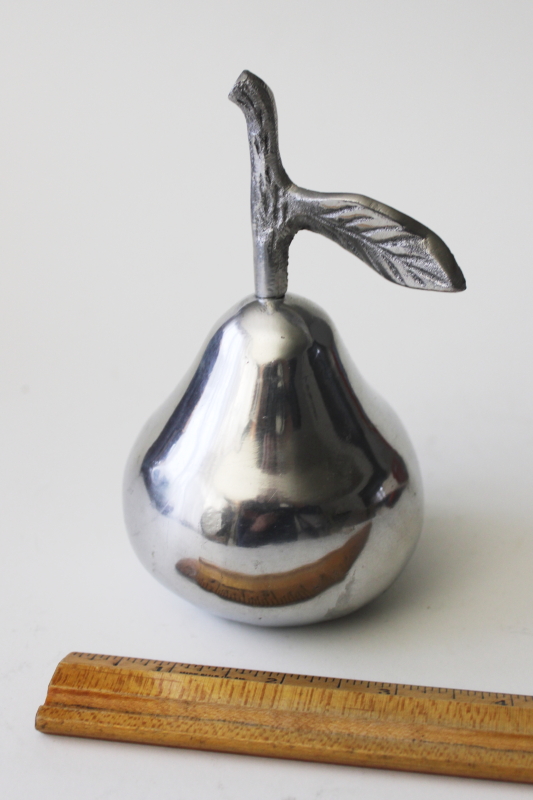 photo of art metal paperweight figurine, small pear fruit silver color polished aluminum #2